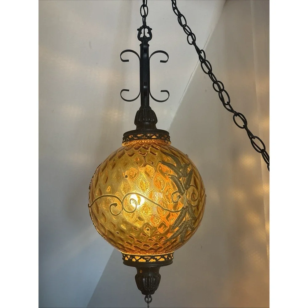 Vintage Large Amber Glass MCM  Hanging Swag Lamp Light W/ Chain